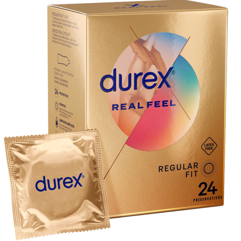 Caja de Durex RealFeel dorada con un preservativo en sobre individual