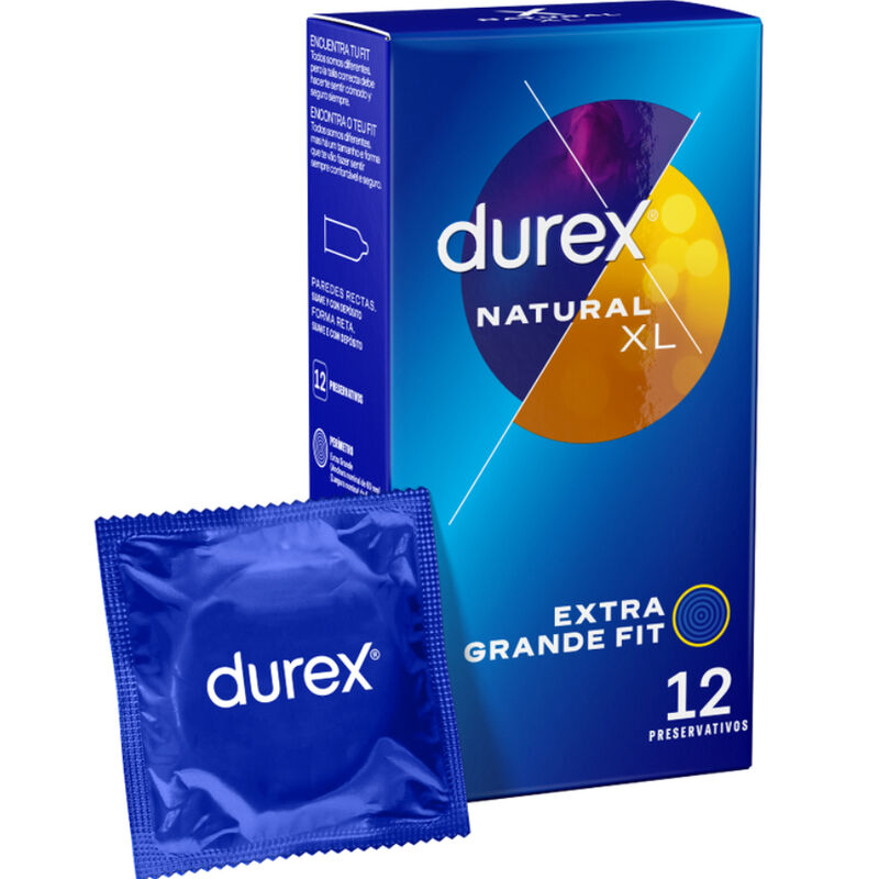 Durex Natural XL: caja del producto y un preservativo individual azul