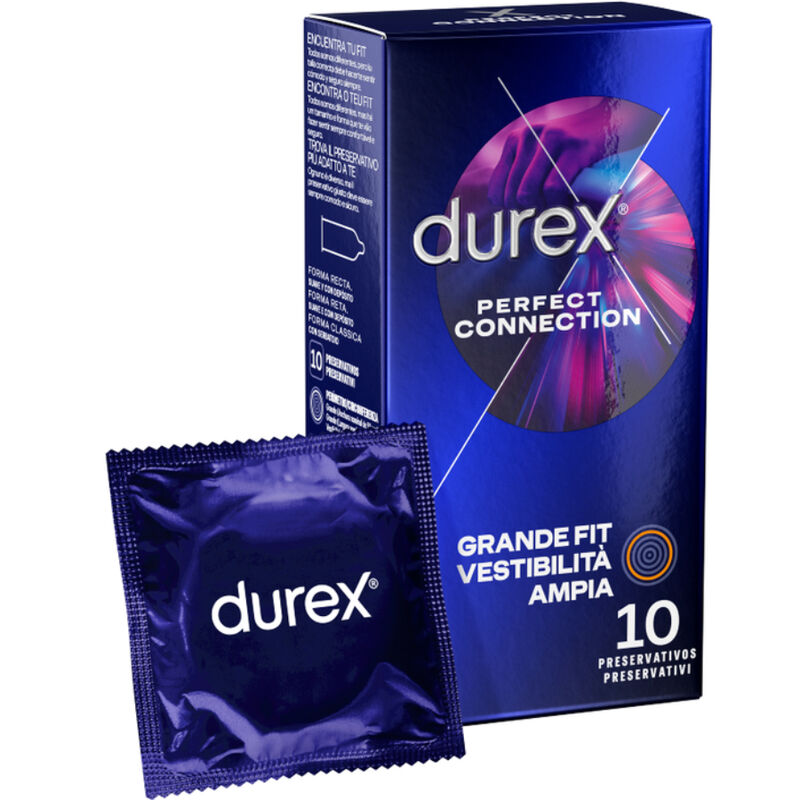 Durex Perfect Connection, caja azul de 10 preservativos con un sobre morado delante.