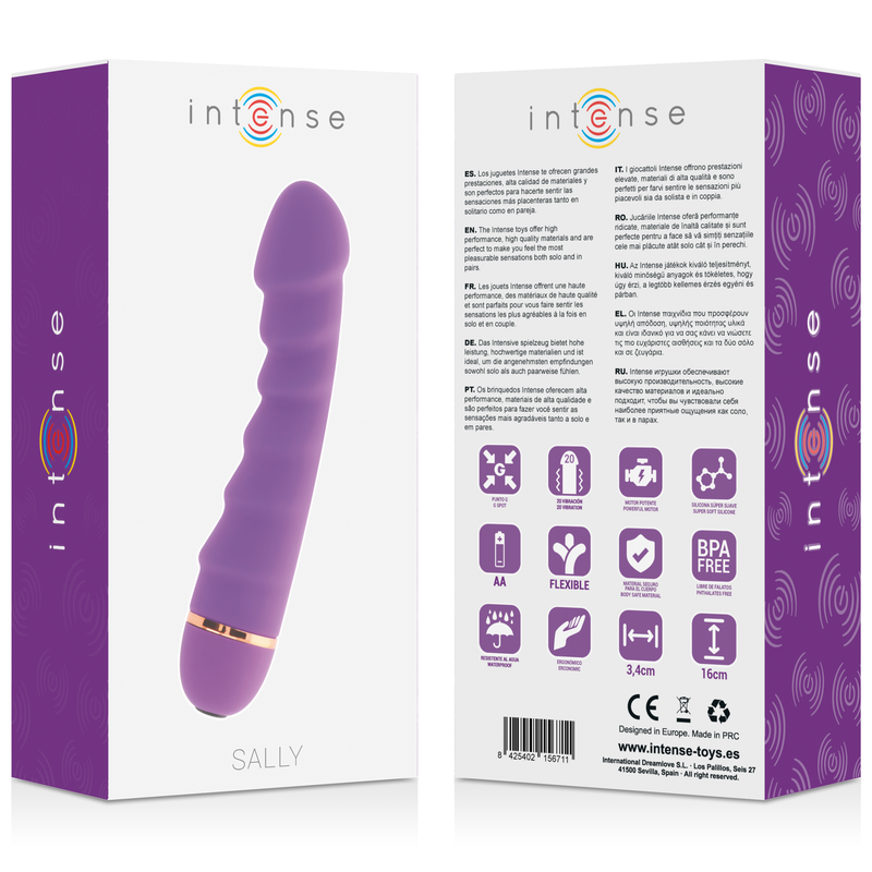 Caja del producto Intense High Tech Intense Sally en lila, con vista frontal y trasera.
