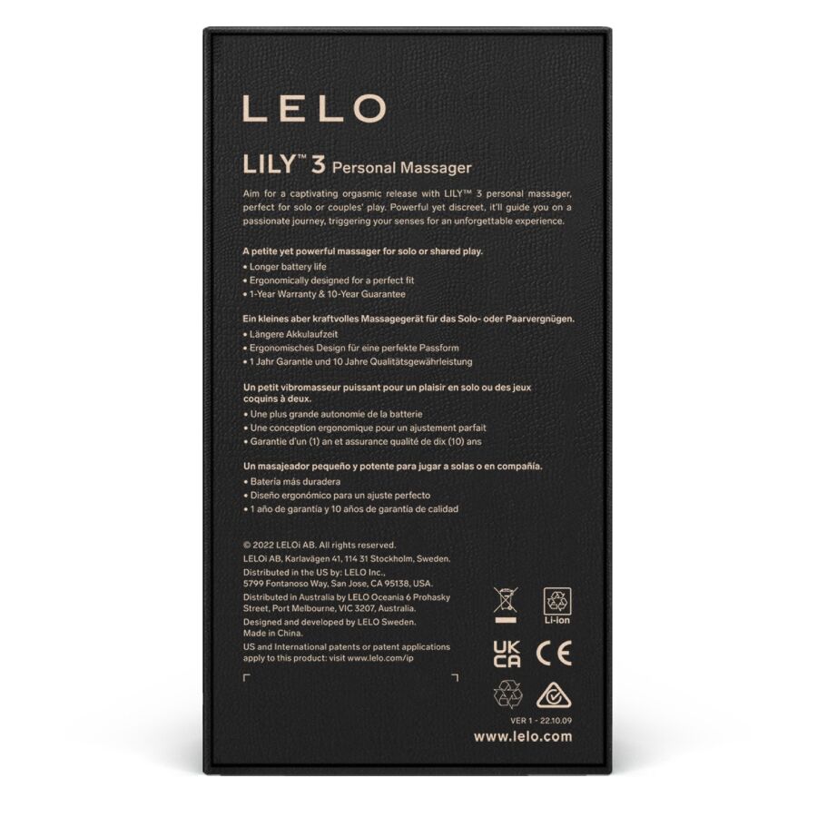 Caja del producto LELO Lily 3 Personal Massager, vista trasera en negro.