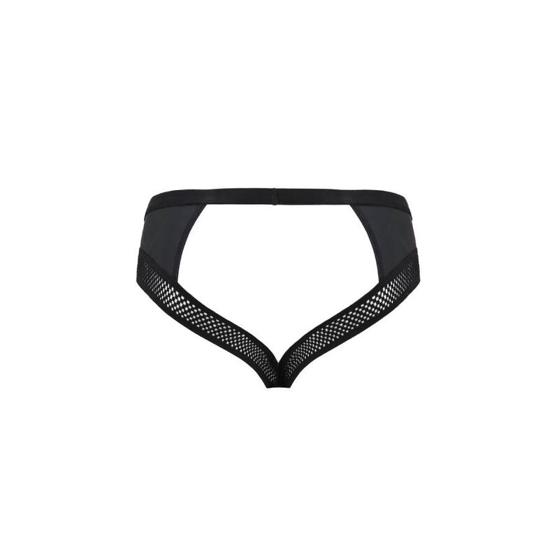 PASSION MEN 030 Tom en detalle frontal, slip abierto negro con paneles de malla.