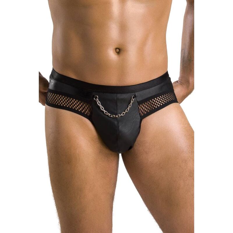 PASSION MEN 030 Tom, slip abierto negro con detalles de malla y cadena frontal.