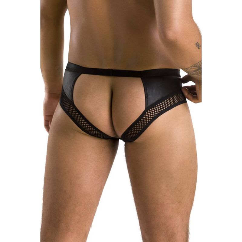 Passion Men 030 Tom en detalle trasero, slip abierto negro con laterales de rejilla.