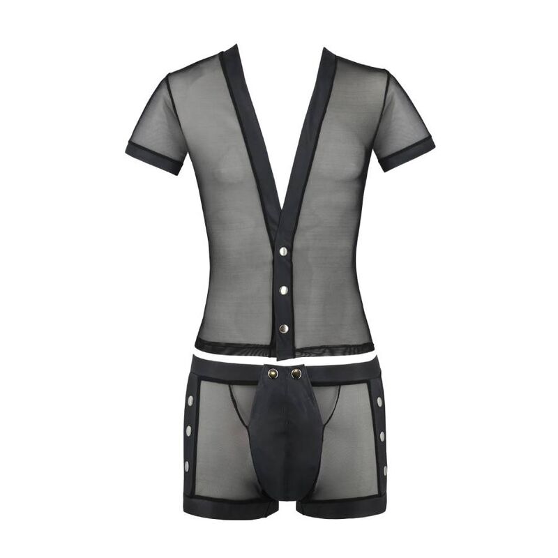 Conjunto de lencería para hombre PASSION MEN Michael 052 en negro, vista frontal con top semitransparente y shorts a juego.