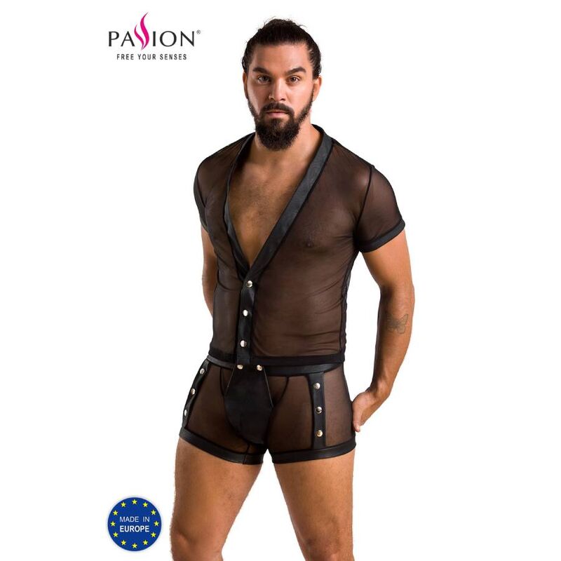 PASSION MEN Michael 052: conjunto de lencería negro en modelo masculino.