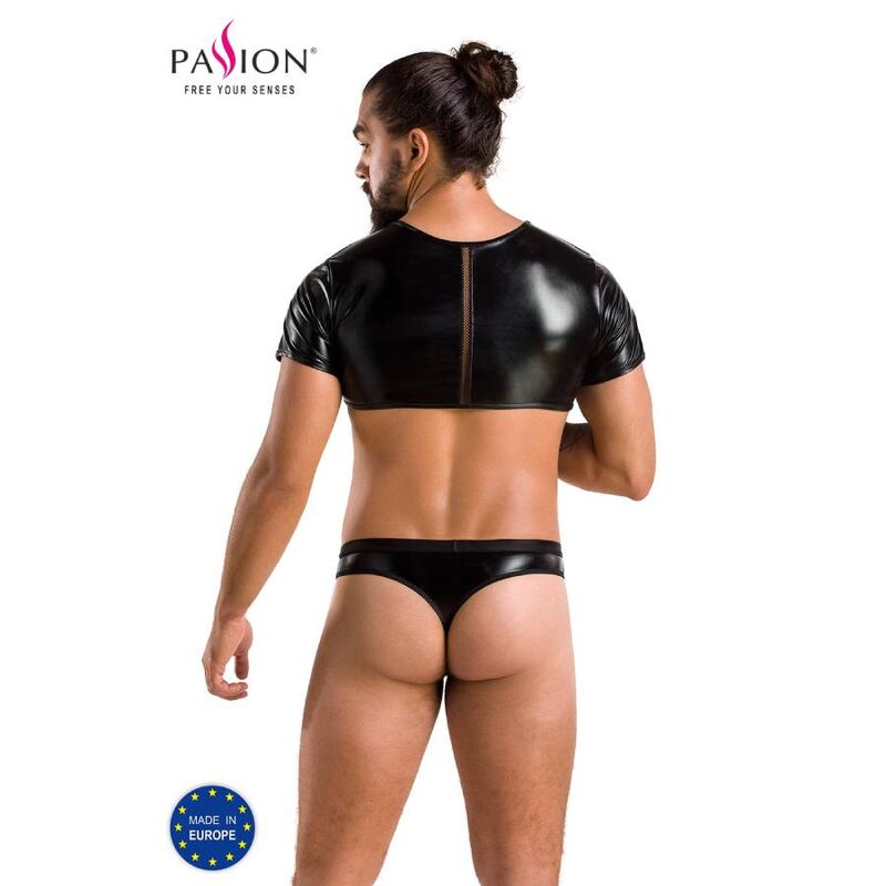 PASSION MEN 057 Set Peter en vista trasera, conjunto negro de lencería masculina con top corto y tanga.
