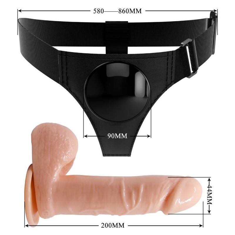 Arnés tipo braga negro con dildo tono piel y medidas visibles.