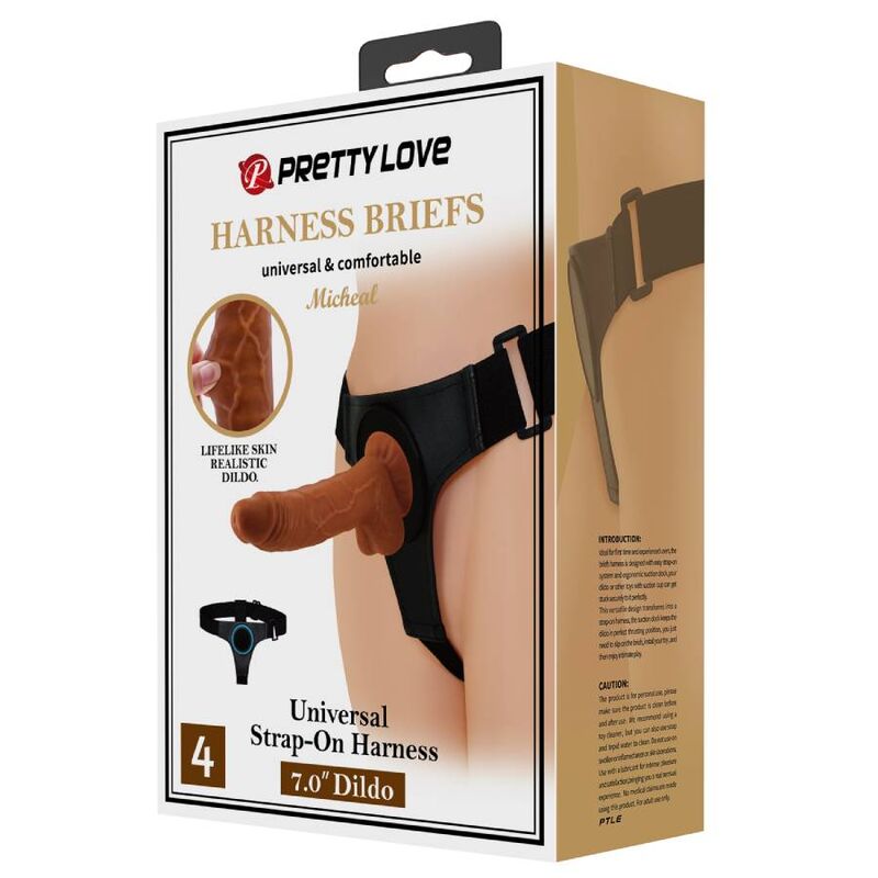 Caja del producto Pretty Love Micheal para arnés con dildo, en color dorado y blanco.
