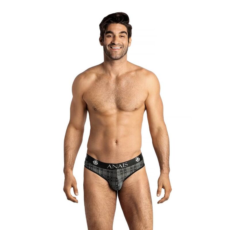 Slip ANAIS MEN Balance en hombre, de frente, con estampado de cuadros negro y gris.
