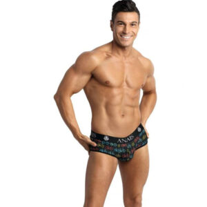 Anais Men Benito jock bikini negro estampado, vista frontal en un modelo masculino.