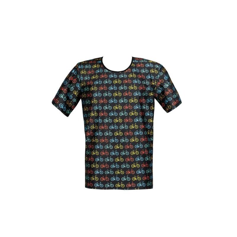 Camiseta ANAIS MEN Benito negra con estampado multicolor de bicicletas, vista frontal.
