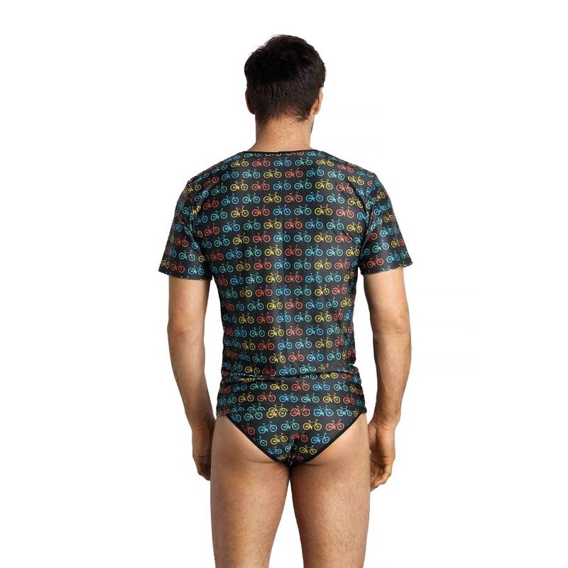ANAIS MEN Benito, camiseta ajustada negra con estampado de bicicletas, vista trasera con abertura inferior.