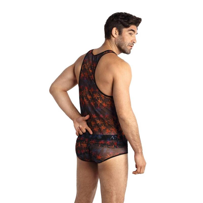 ANAIS MEN Chill Top negro de tul estampado, vista trasera en el modelo