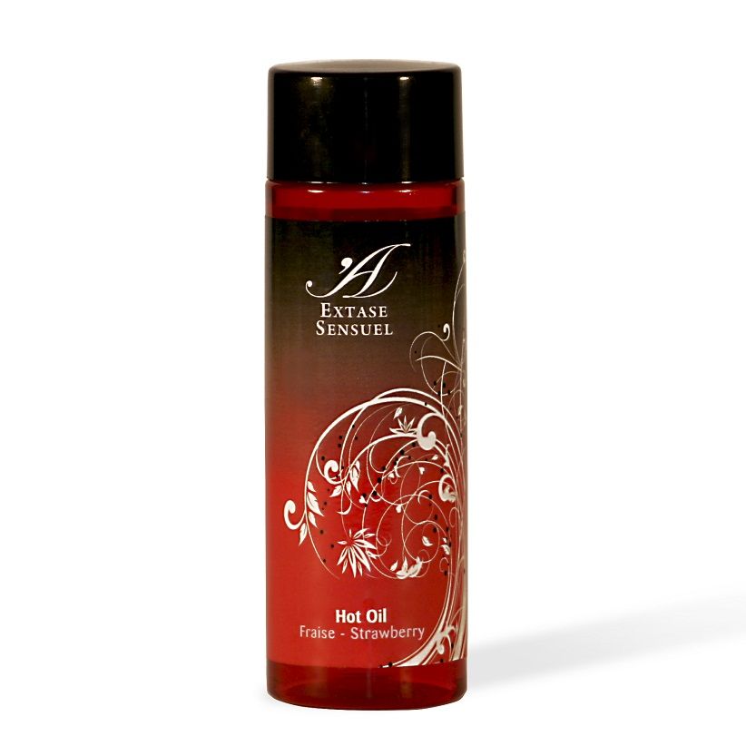 Aceite de masaje EXTASE SENSUAL Hot Oil fresa en botella roja y negra