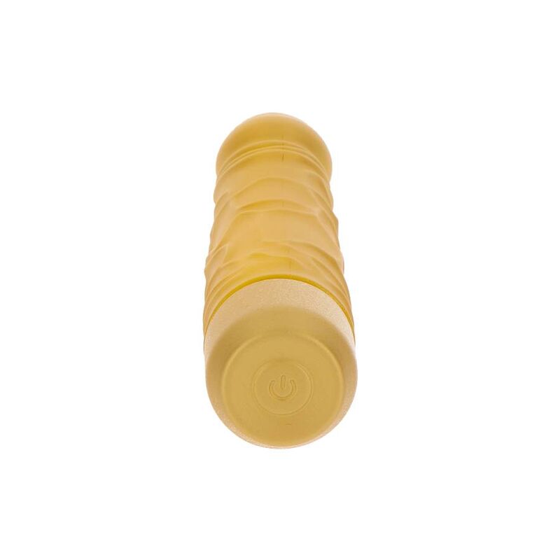 Detalle del vibrador GET REAL Gold Dicker Original en color dorado, visto de frente.