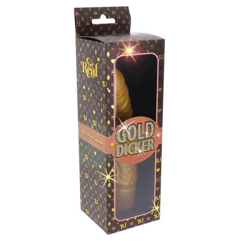 Caja del producto GET REAL Gold Dicker con ventana frontal y acabado dorado visible
