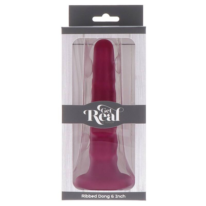 Caja del producto Get Real Goodhead con ventana, mostrando el dildo rojo en el interior.