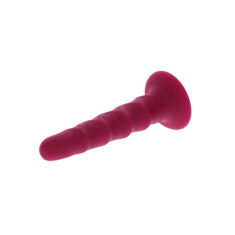 Dildo estriado rojo GET REAL con base ensanchada, en vista frontal.