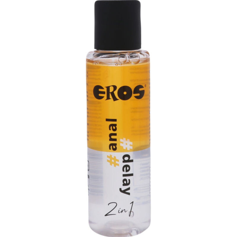 EROS Anal Delay Lubricant en frasco transparente con tapón negro, vista frontal