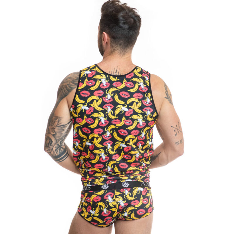 ANAIS MEN Banana Top, detalle trasero del top sin mangas con estampado de bananas y labios.