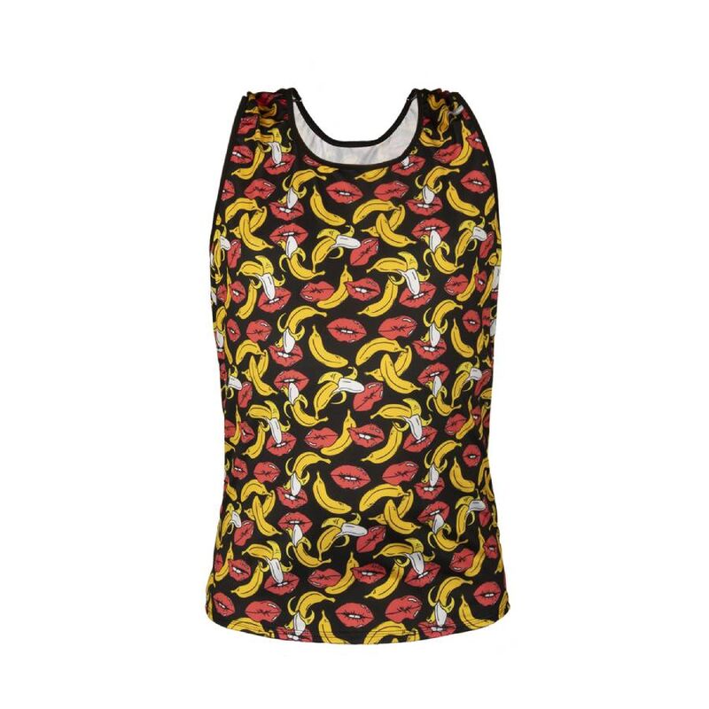 ANAIS MEN Banana Top, top sin mangas negro con estampado de bananas y labios.