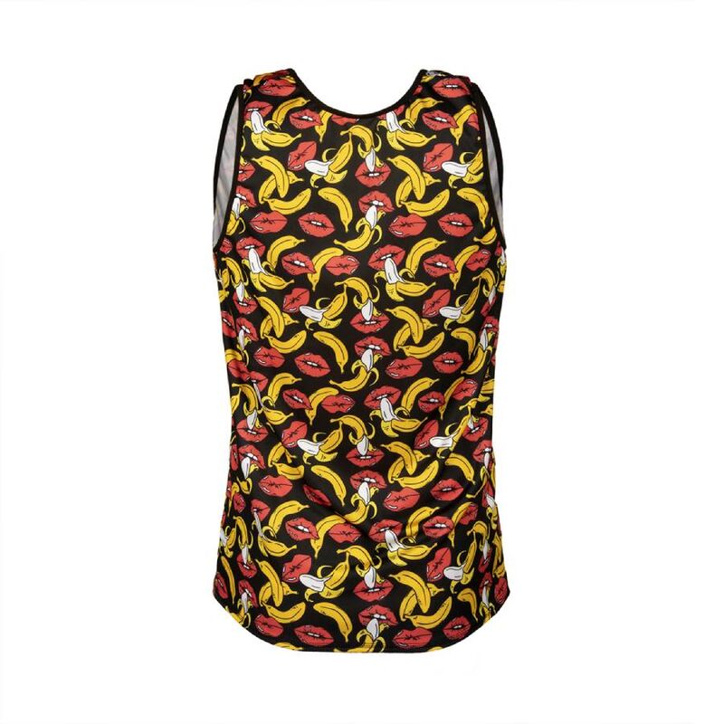 Top sin mangas ANAIS MEN Banana Top con estampado de plátanos y labios, vista frontal.