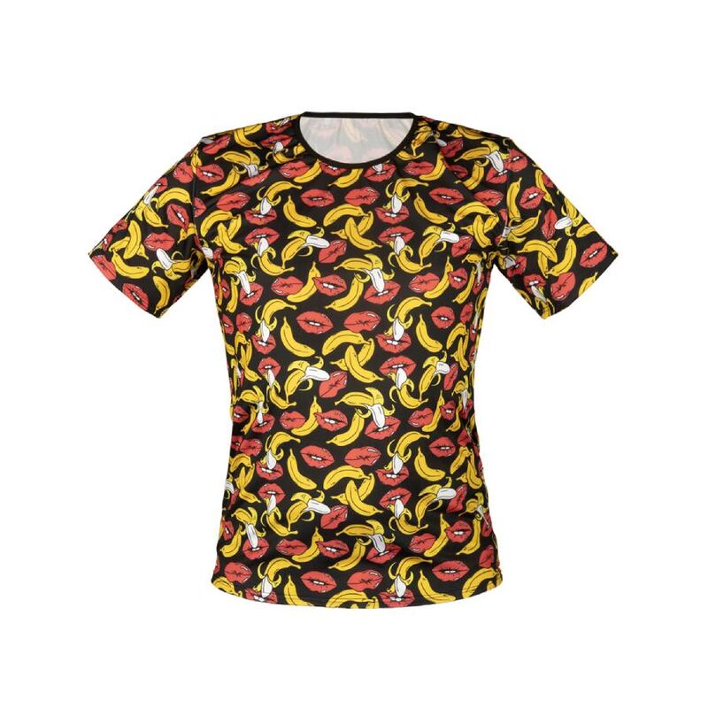Camiseta ajustada ANAIS MEN Banana T-Shirt de manga corta, negra con estampado de plátanos y labios, vista frontal.