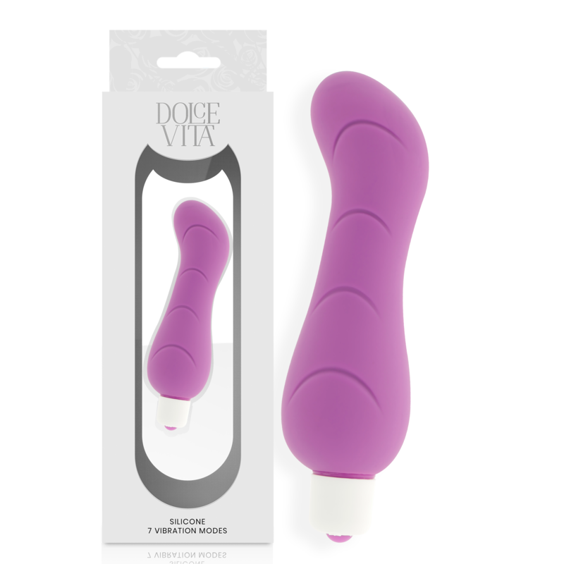 Vibrador Dolce Vita morado con base blanca, junto a su caja del producto.