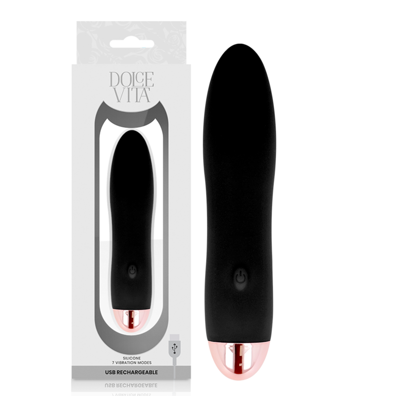 Vibrador recargable Dolce Vita Four negro con caja del producto visible.