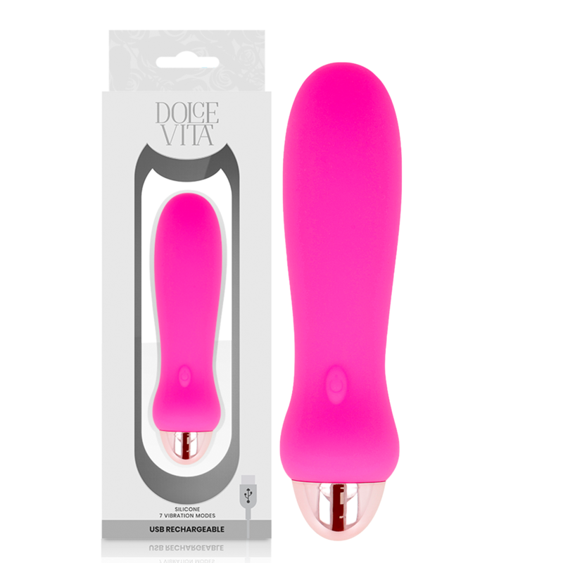 Vibrador Dolce Vita rosa con caja del producto y carga USB