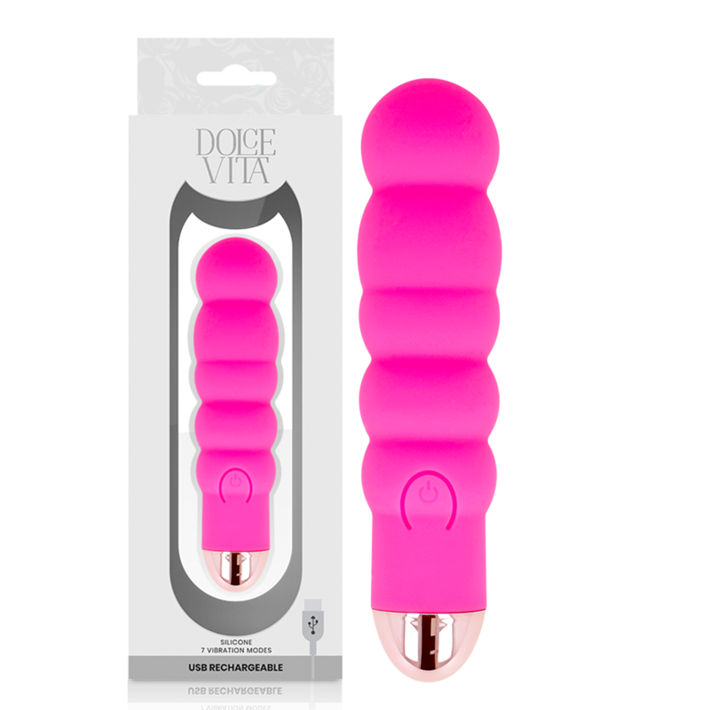 Vibrador rosa Dolce Vita Six con caja del producto visible y carga USB.