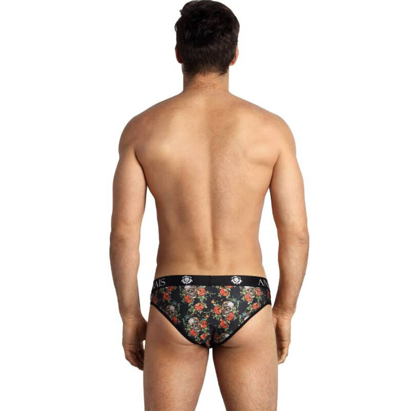 ANAIS MEN Power Slip en vista trasera, con estampado floral negro y cinturilla de marca visible