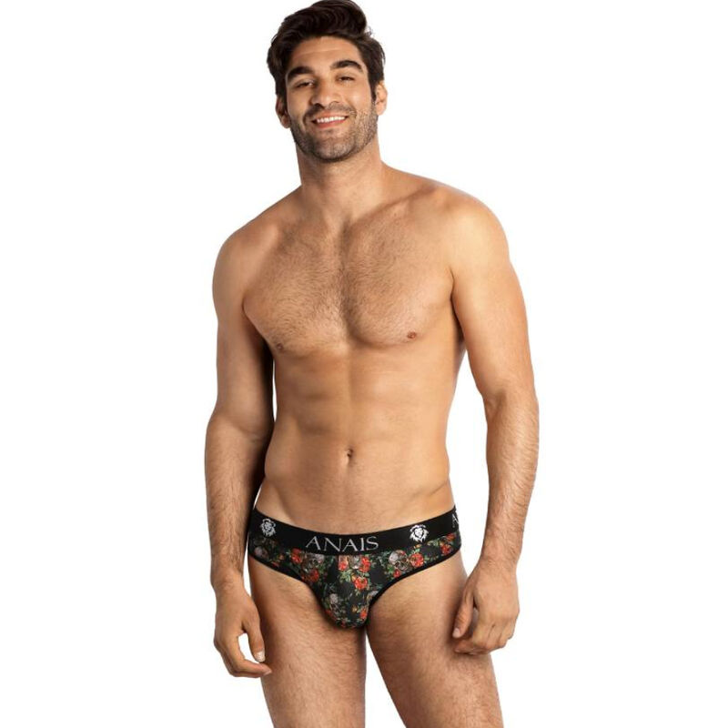Slip masculino ANAIS MEN con estampado de rosas y calaveras, vista frontal.