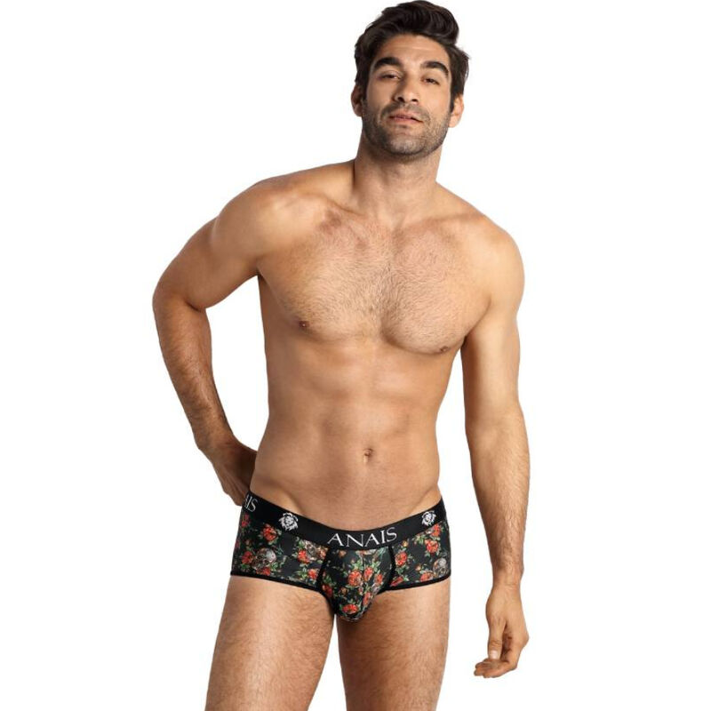 Calzoncillo boxer ANAIS MEN negro con estampado floral, vista frontal.