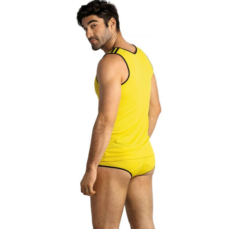 ANAIS MEN Tokio Top en amarillo, vista trasera con conjunto de camiseta de tirantes y slip.