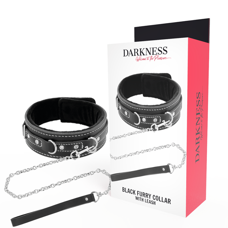 Collar negro acolchado Darkness Bondage con correa y caja del producto.