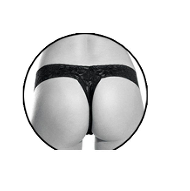 Tanga negra Fetish Fantasy Series vista trasera sobre maniquí, en detalle circular.
