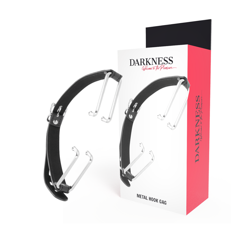 Darkness Bondage Hook Gag negro con ganchos metálicos y caja del producto.
