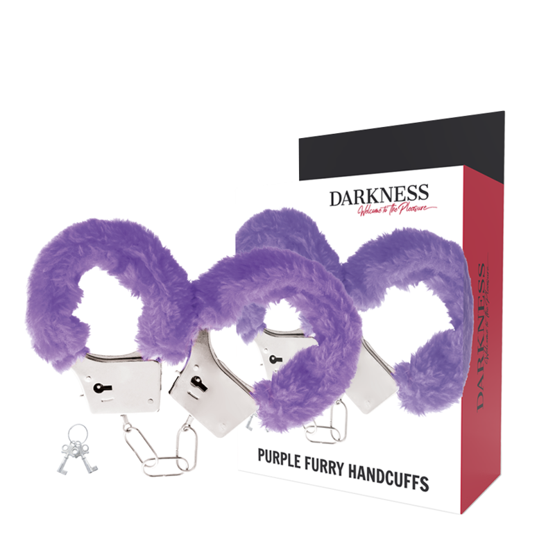 Darkness Bondage: esposas de metal forradas de peluche morado con caja del producto.