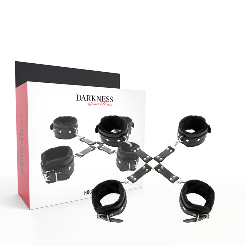 Esposas Darkness Bondage de cuero negro con caja del producto.
