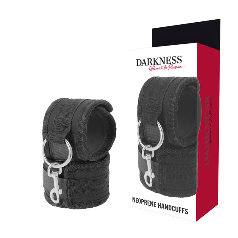 Esposas de neopreno DARKNESS BONDAGE negras con anilla metálica y caja del producto.