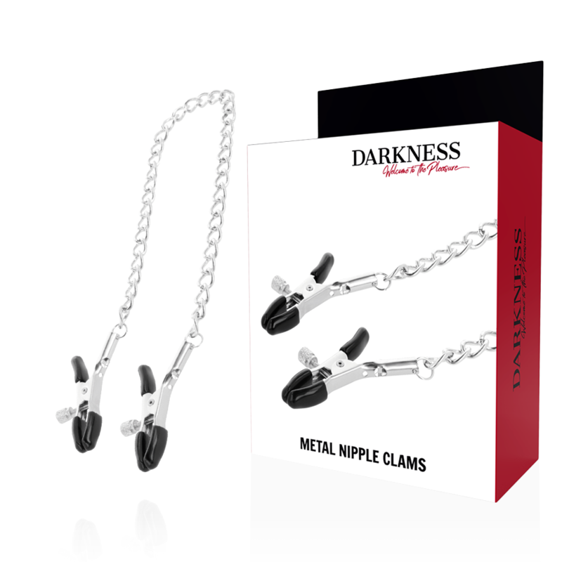 DARKNESS SENSATIONS pinzas para pezones metálicas con cadena, con caja del producto.