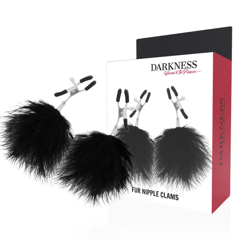 Pinzas para pezones DARKNESS Sensations con pompones negros y caja del producto.