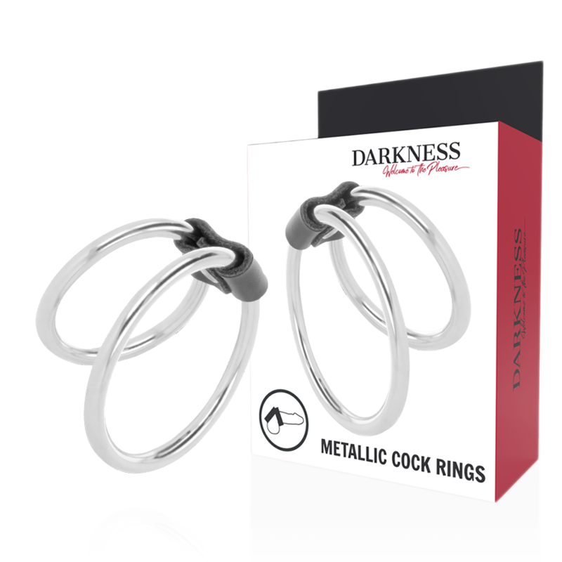 Darkness Double Metal: dos anillos metálicos plateados con embalaje del producto.