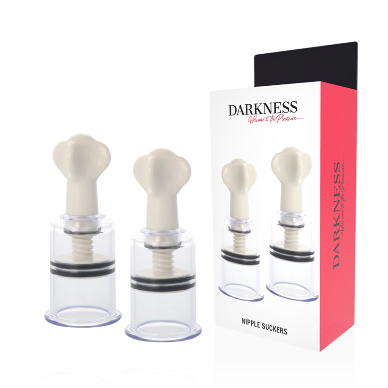 Succionadores de pezones Darkness Transparentes con caja del producto.