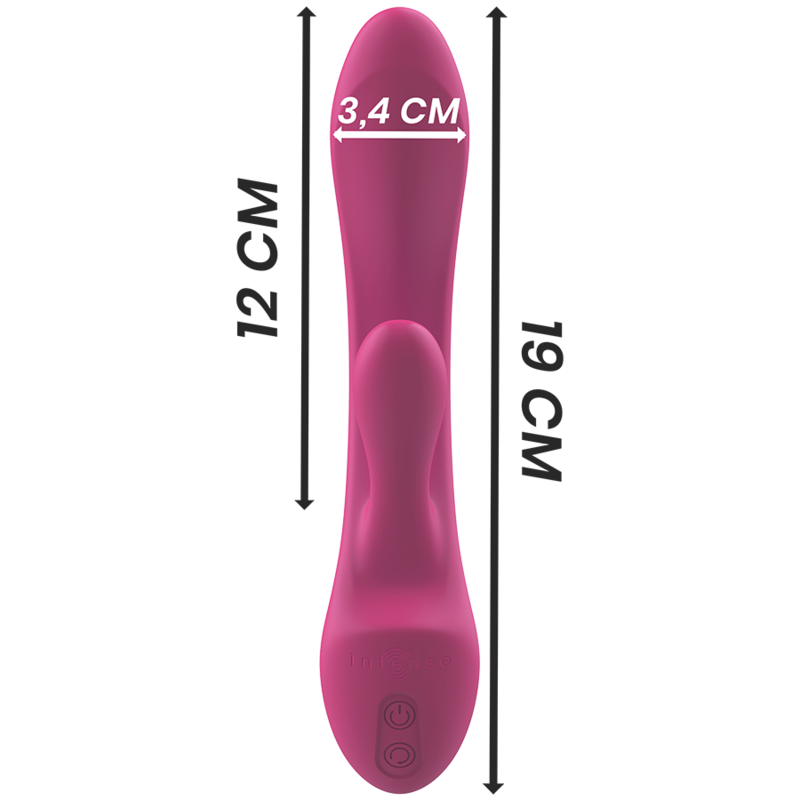 Vibrador rabbit Intense en rosa con medidas visibles de 12 cm, 19 cm y 3,4 cm.