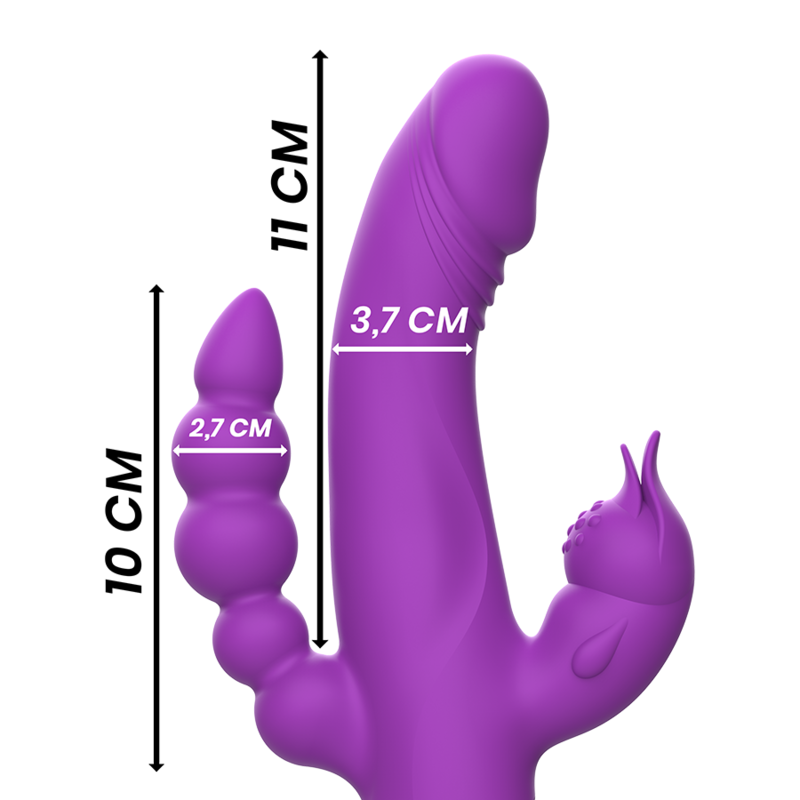 Guía de medidas del vibrador conejo INTENSE Casanova en color morado, con las dimensiones marcadas.