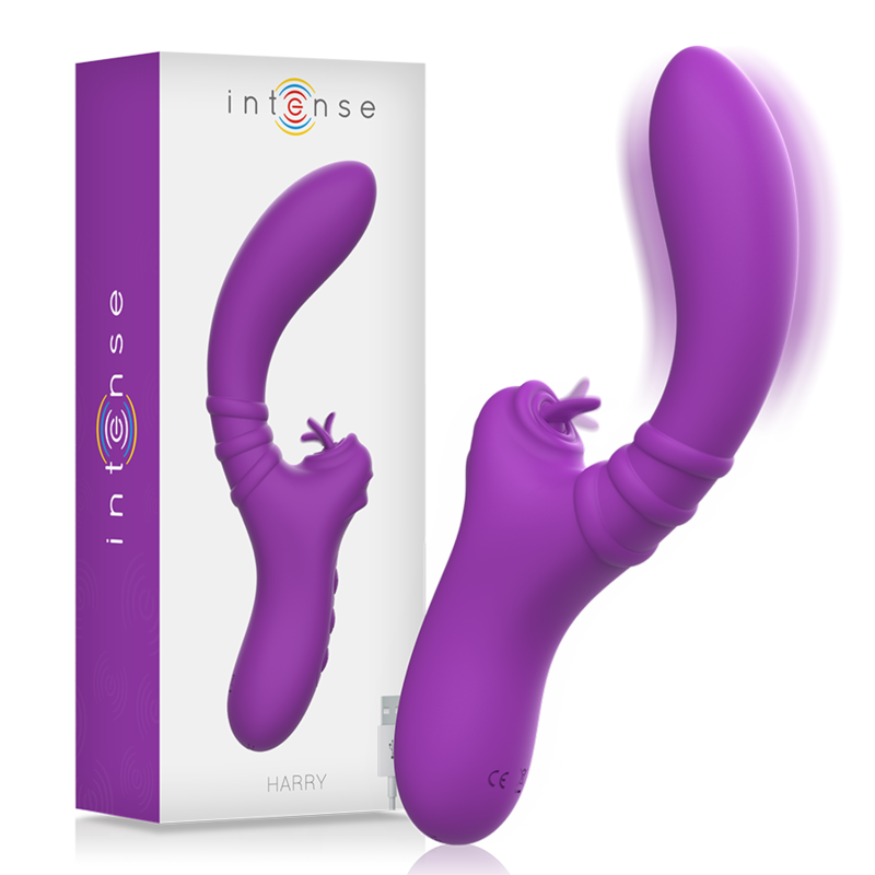 Vibrador flexible Harry de Intense en morado, con la caja del producto al fondo.