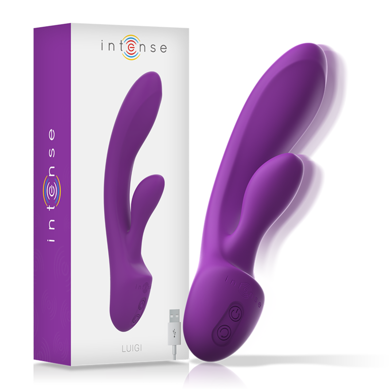 Vibrador rabbit Luigi de Intense en morado con caja y cable USB.